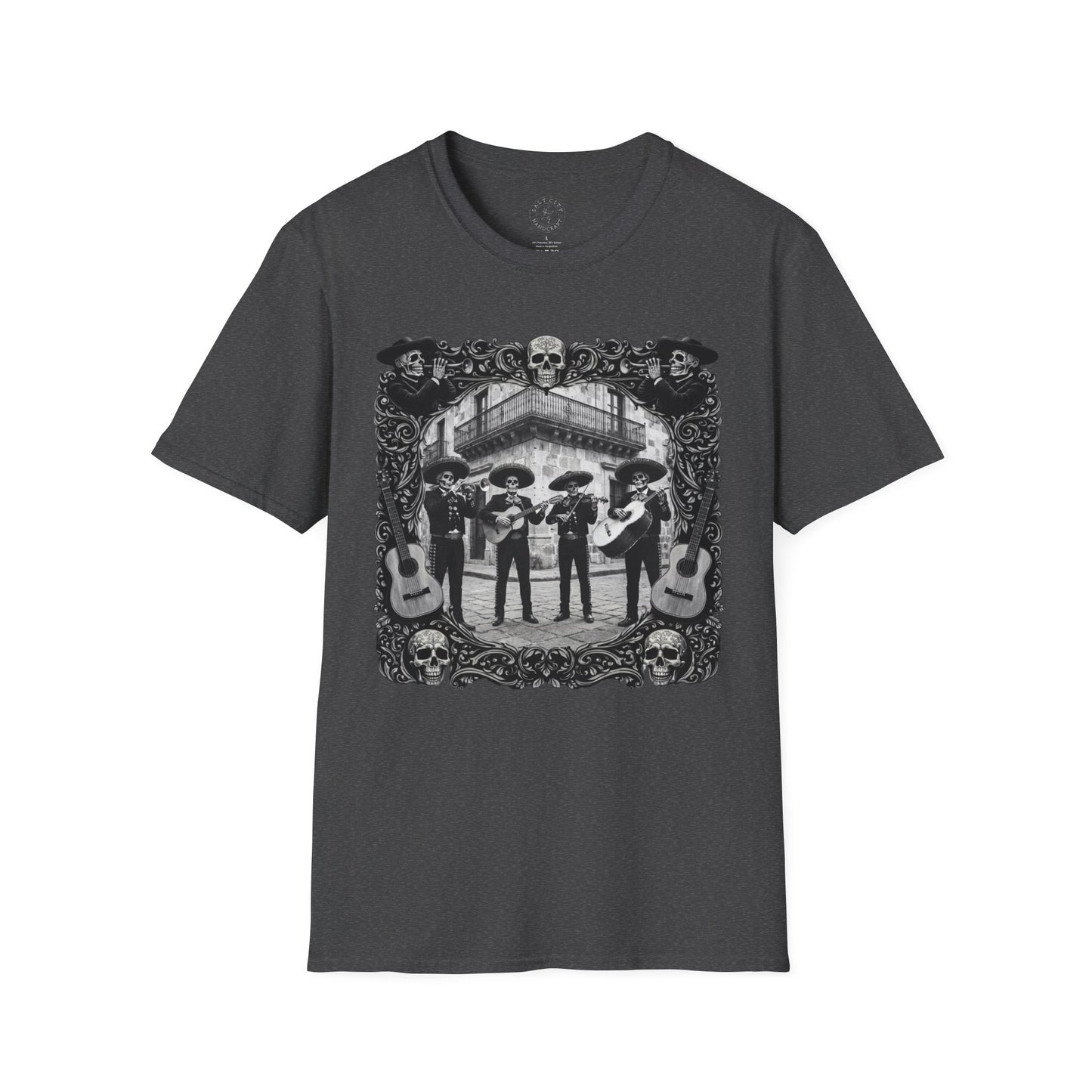 Skeleton Mariachi Band Tee | Ornate Gothic Style Framing | Unisex Softstyle T-Shirt