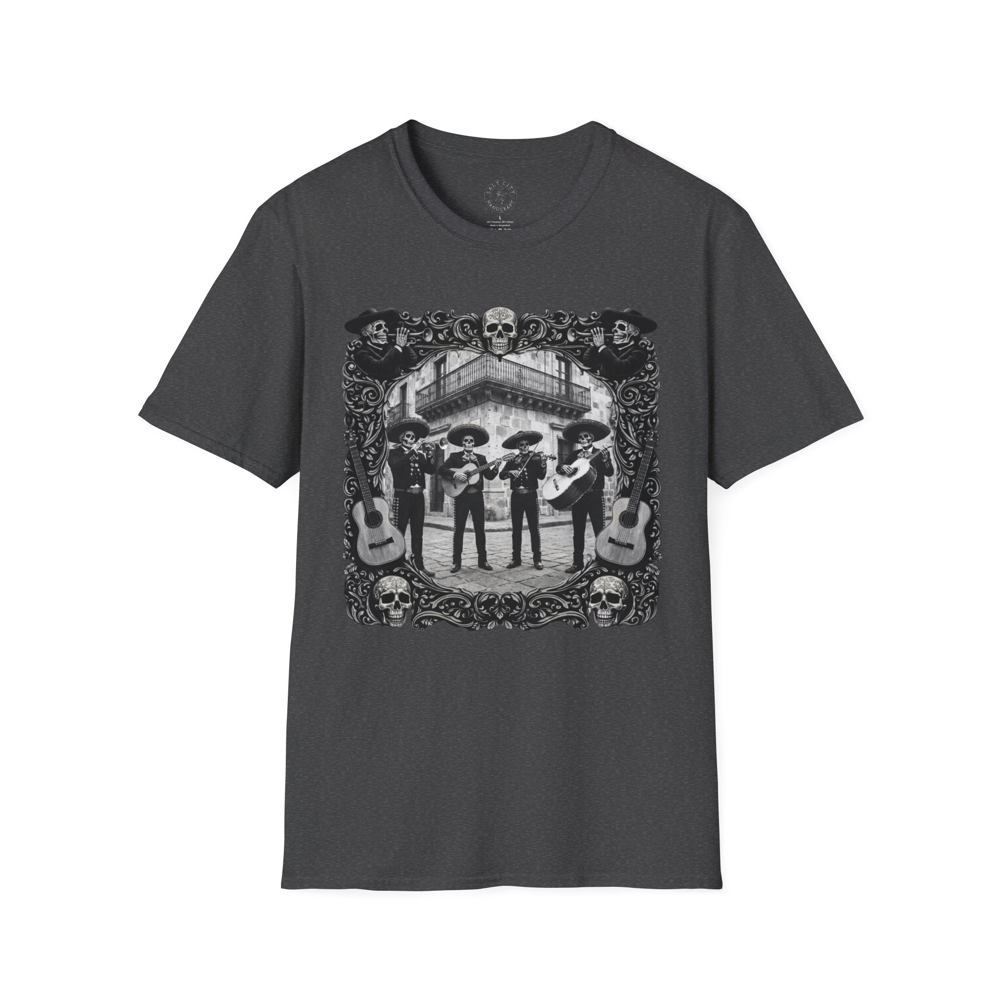 Skeleton Mariachi Band Tee | Ornate Gothic Style Framing | Unisex Softstyle T-Shirt
