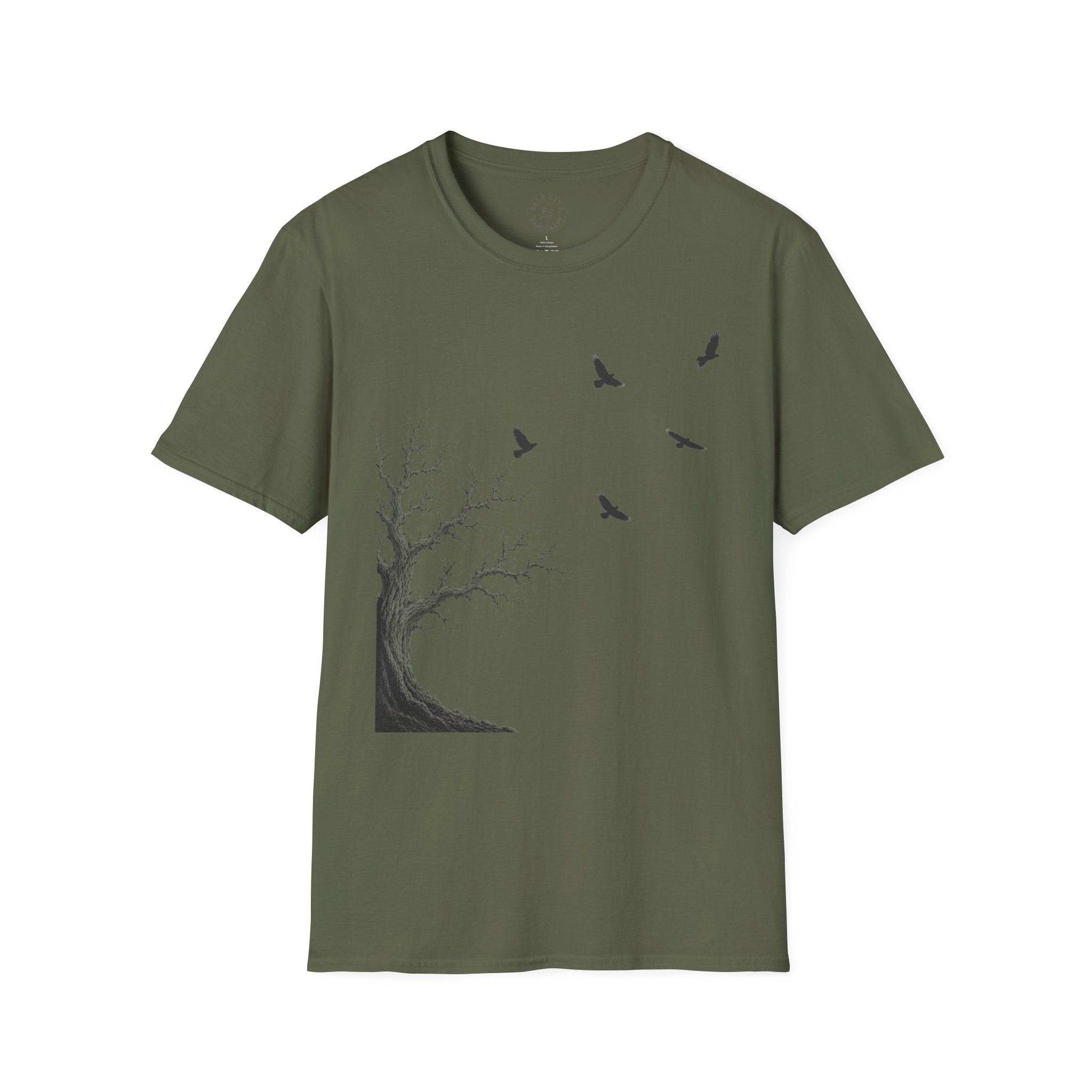Ravens in Flight Tree T‑Shirt — Minimal Nature Graphic Tee