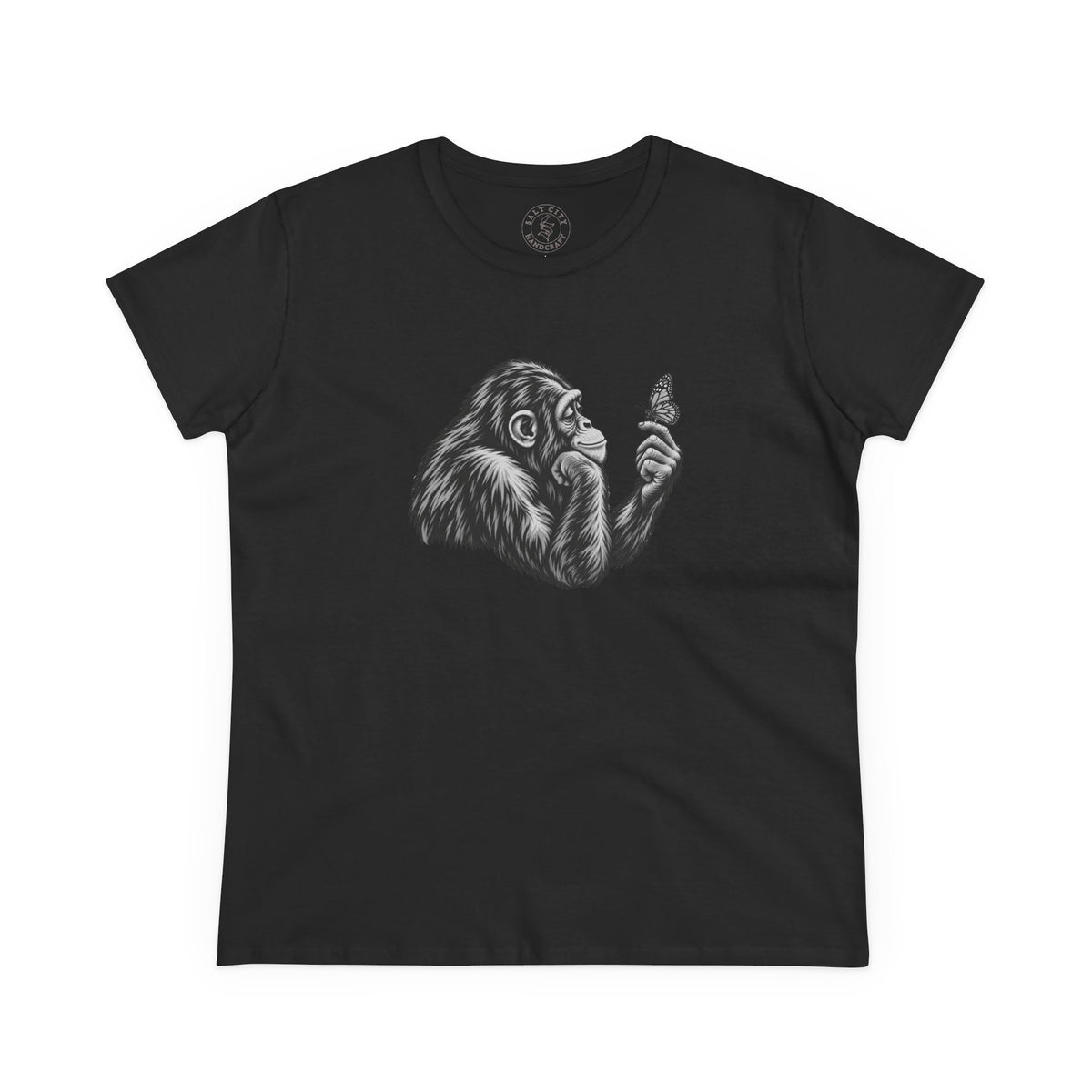 Chimpanzee & Butterfly Women's Tee — Nature-Inspired Graphic Shirt