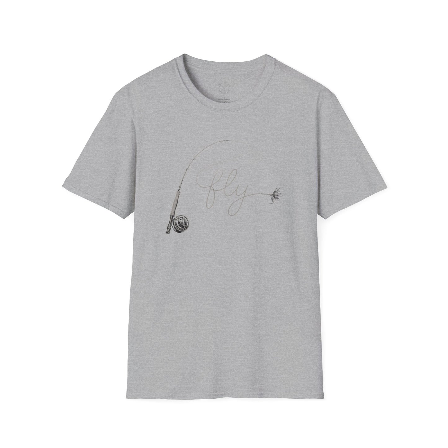 Fly Fishing T-Shirt — Minimal Fly & Rod Illustration