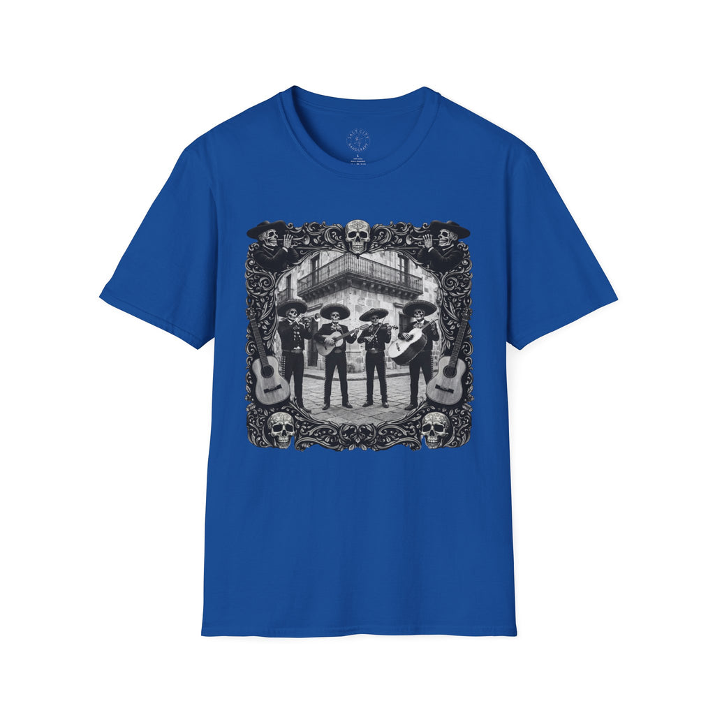 Skeleton Mariachi Band Tee | Ornate Gothic Style Framing | Unisex Softstyle T-Shirt