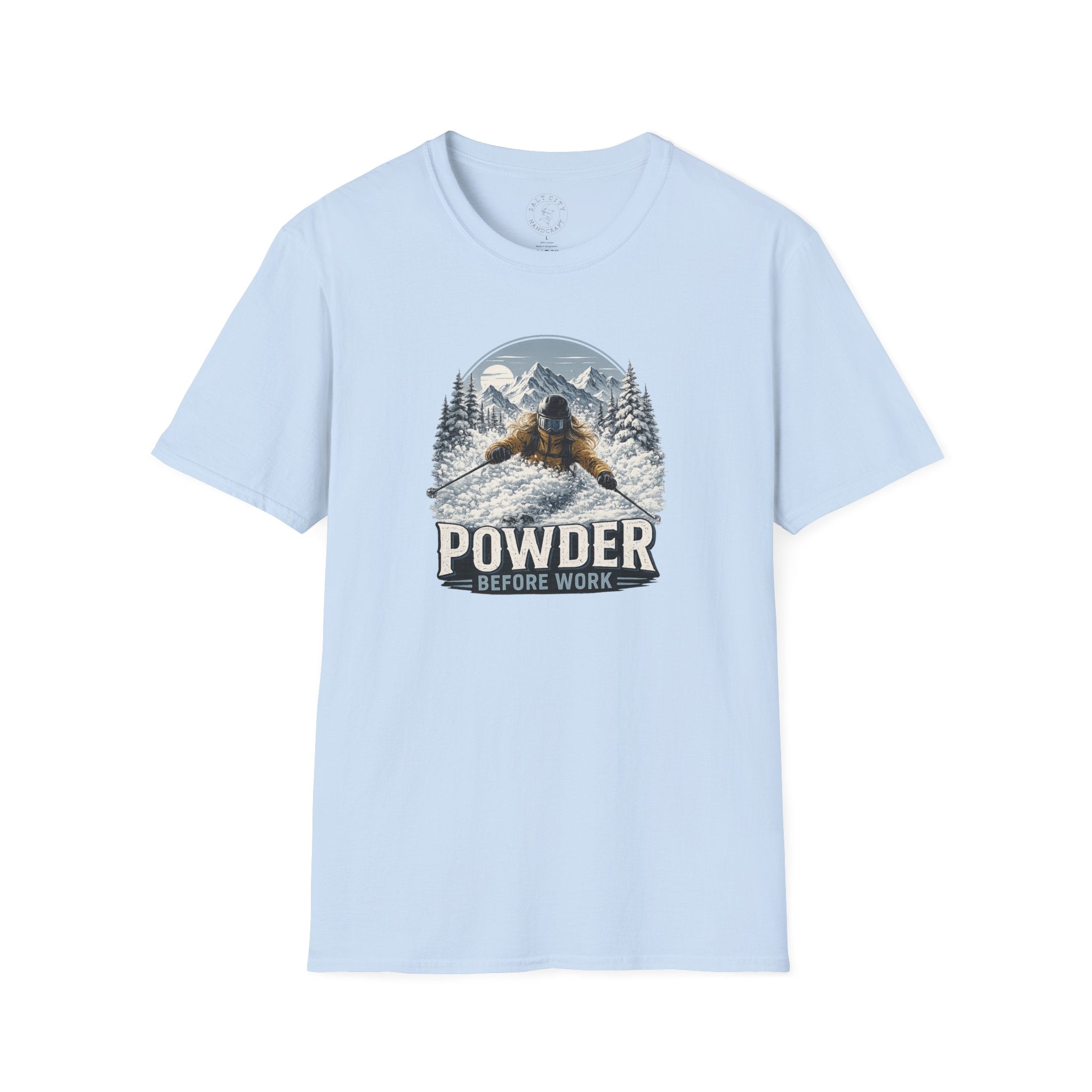 Women's Powder Before Work Ski T-Shirt |  Snowboarding Skiing Mountain Graphic Tee | Unisex Tee