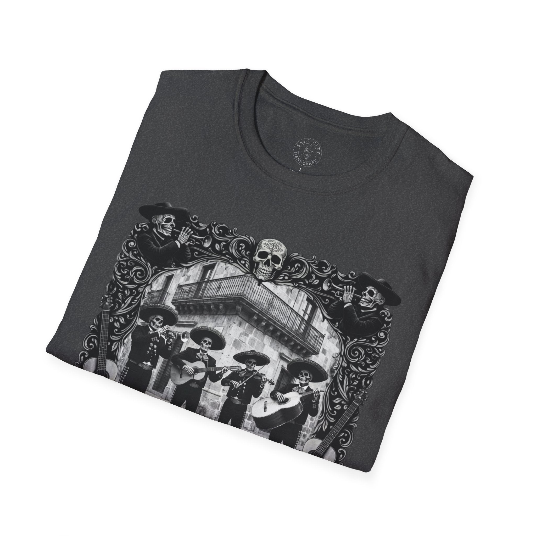 Skeleton Mariachi Band Tee | Ornate Gothic Style Framing | Unisex Softstyle T-Shirt