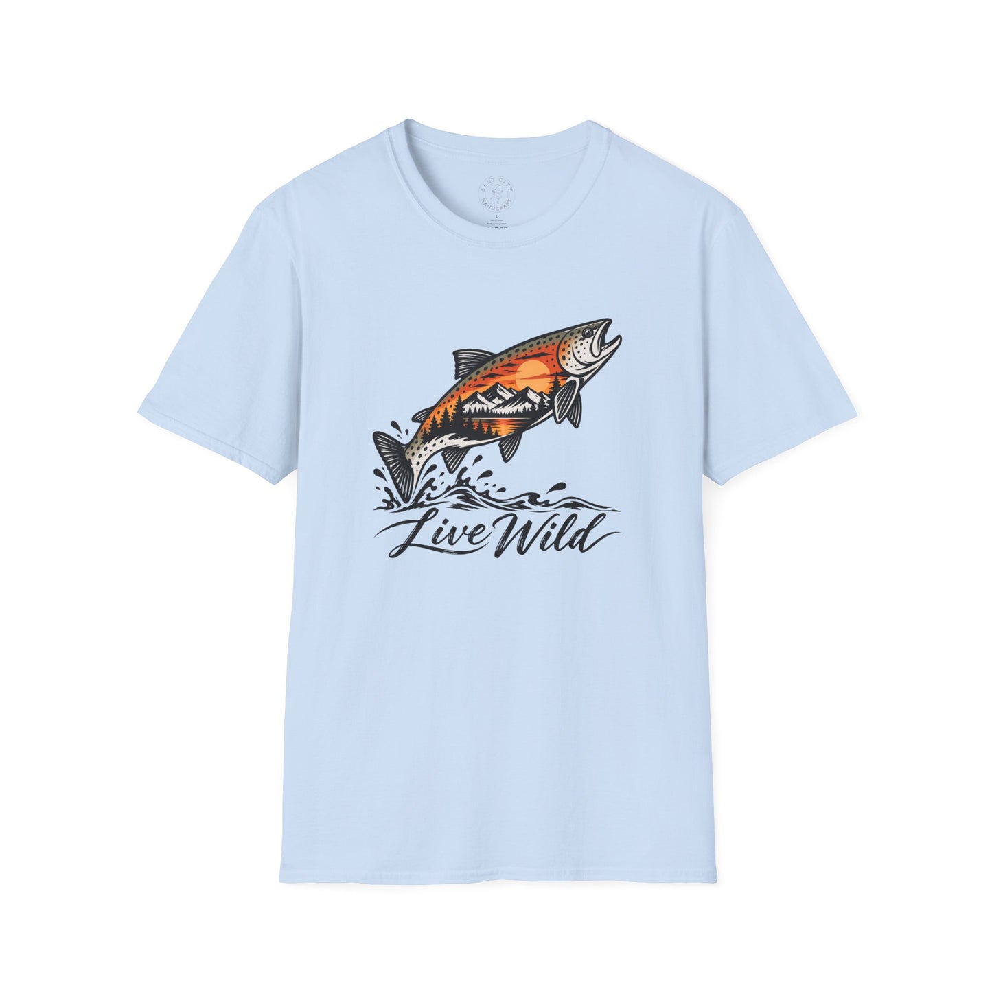 Fishing Salmon T-Shirt — 'Live Wild' Mountain Sunset Fish Tee