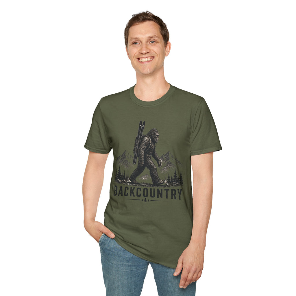 Backcountry Sasquatch T-Shirt — Mountain Skiing Bigfoot Outdoor Tee