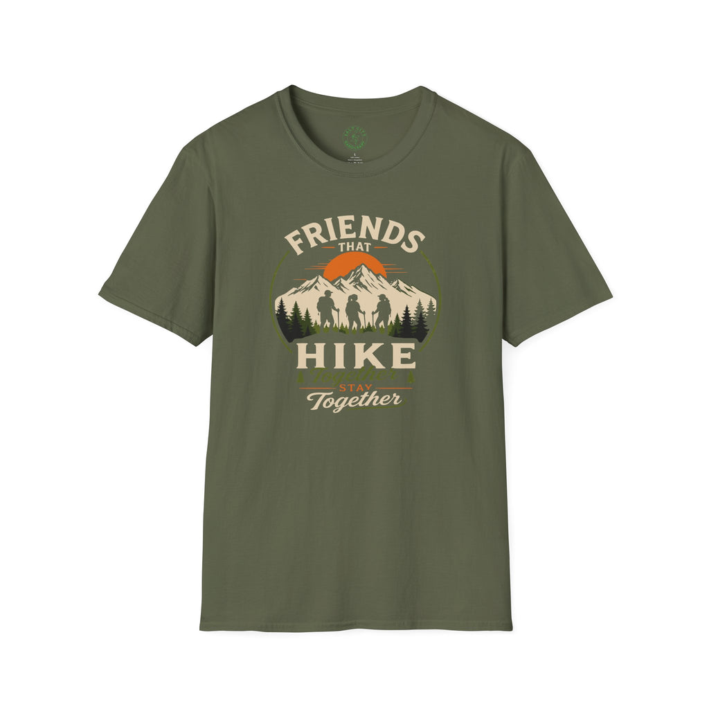 Hiking T-Shirt — "Friends That Hike Together" Retro Mountain Crew Tee