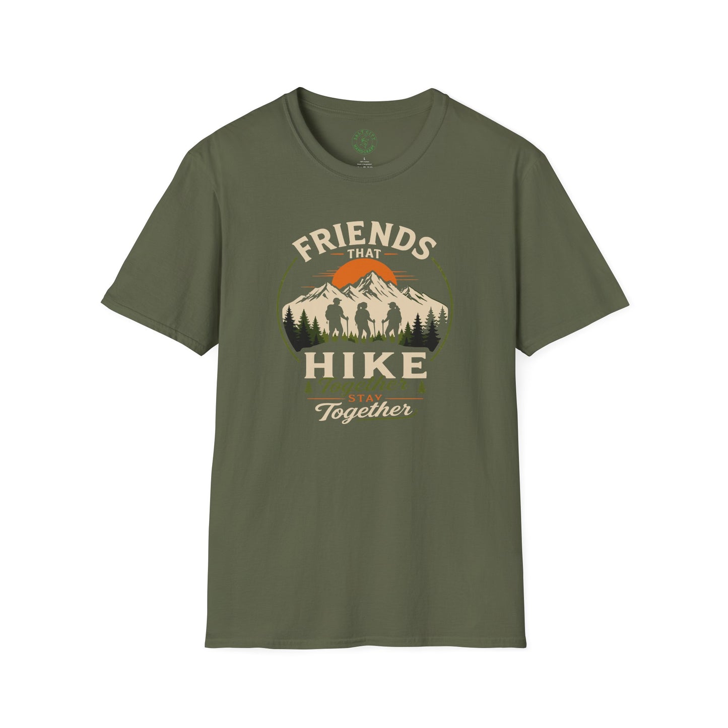Hiking T-Shirt — "Friends That Hike Together" Retro Mountain Crew Tee