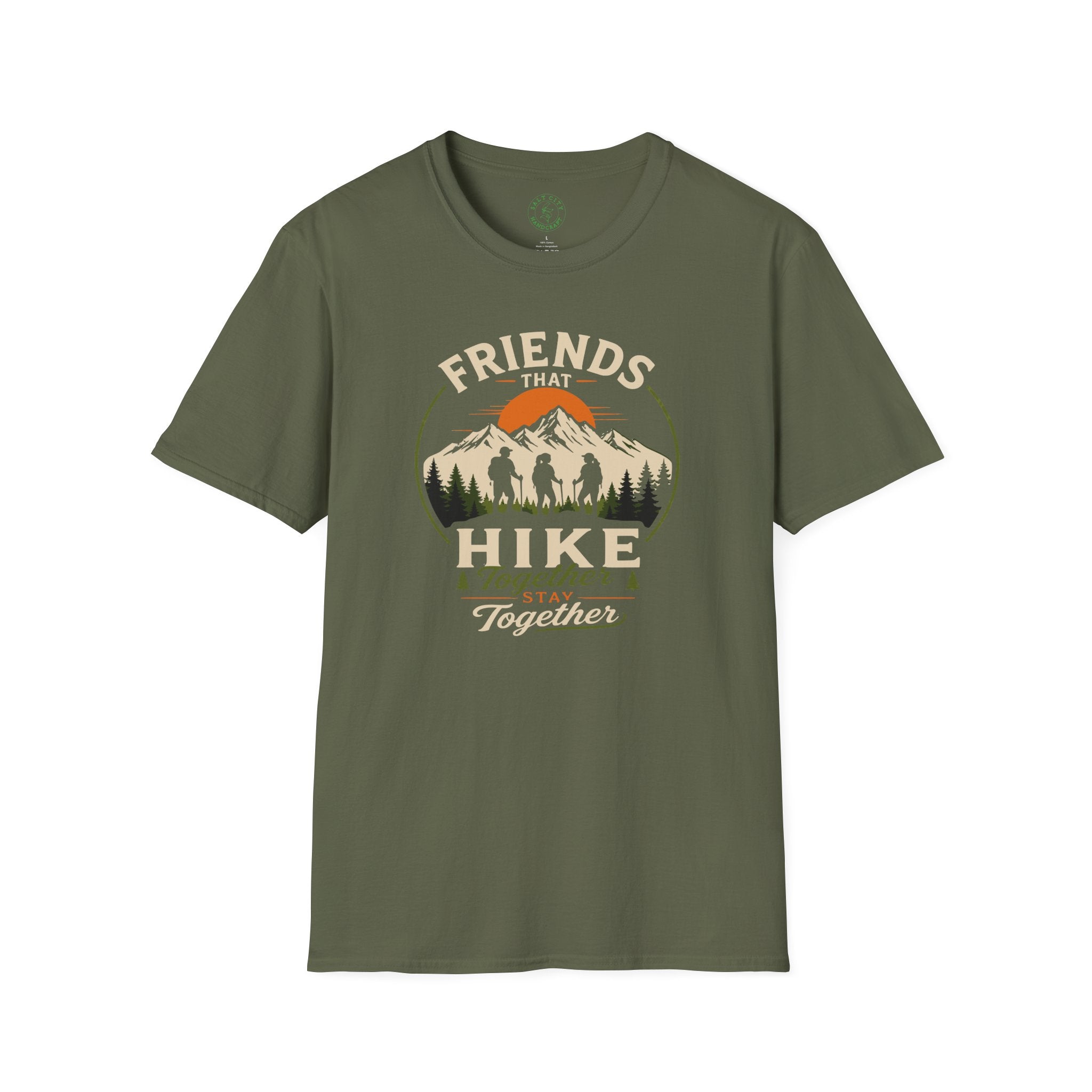 Hiking T-Shirt — "Friends That Hike Together" Retro Mountain Crew Tee