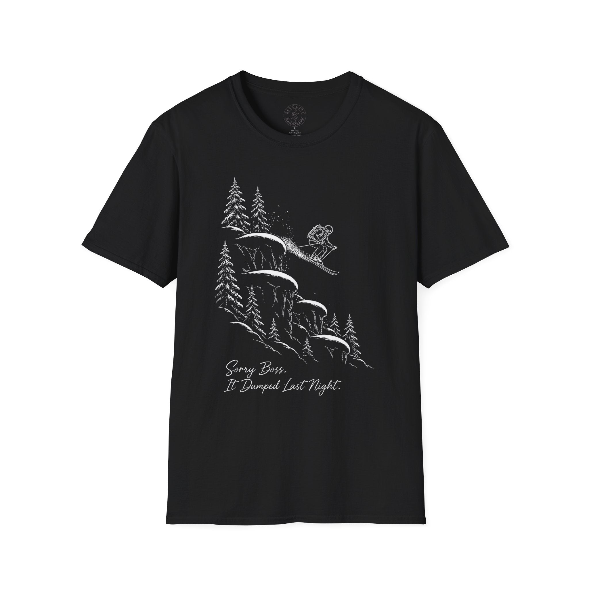 Skiing Cliffside T-Shirt — "Sorry Boss, It Dumped Last Night" Ski Adventure Shirt