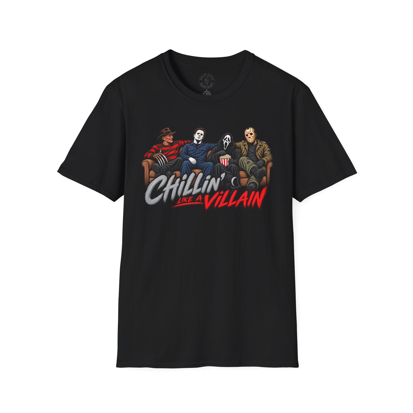 Chillin' Like a Villain Horror Movie Tee — Michael Myers, Freddy, Jason & Ghostface Graphic T-Shirt