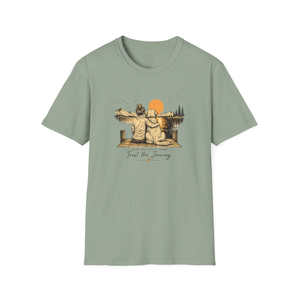 Unisex Girl and Dog T-Shirt — 'Trust the Journey' Dog & Girl Lakeside Sunset Tee