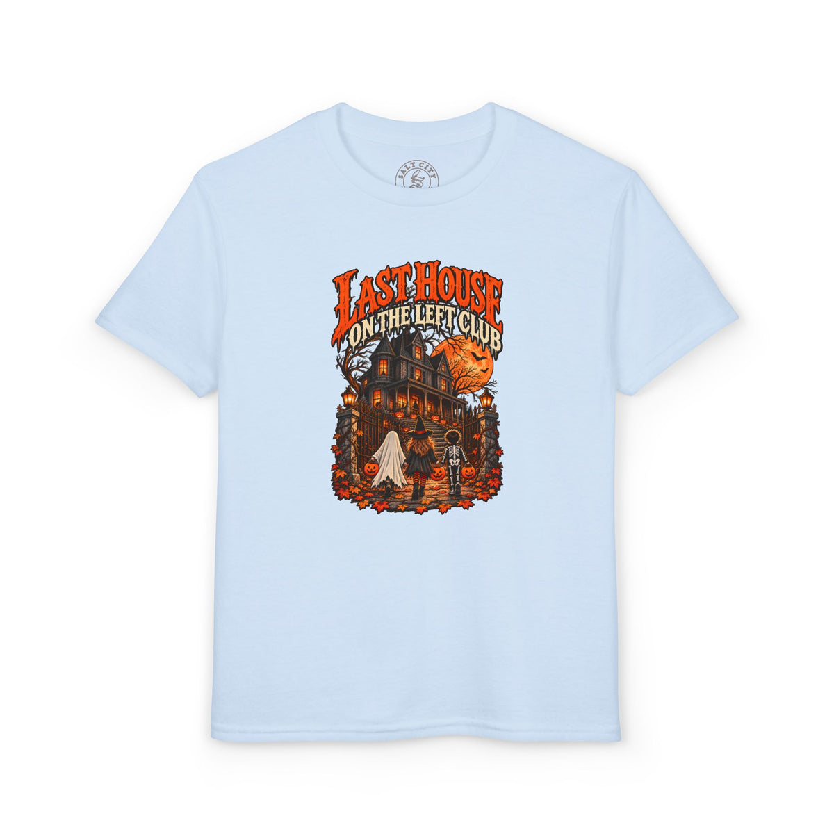 Youth T-Shirt — "Last House on the Left Club" Halloween Haunted House Graphic