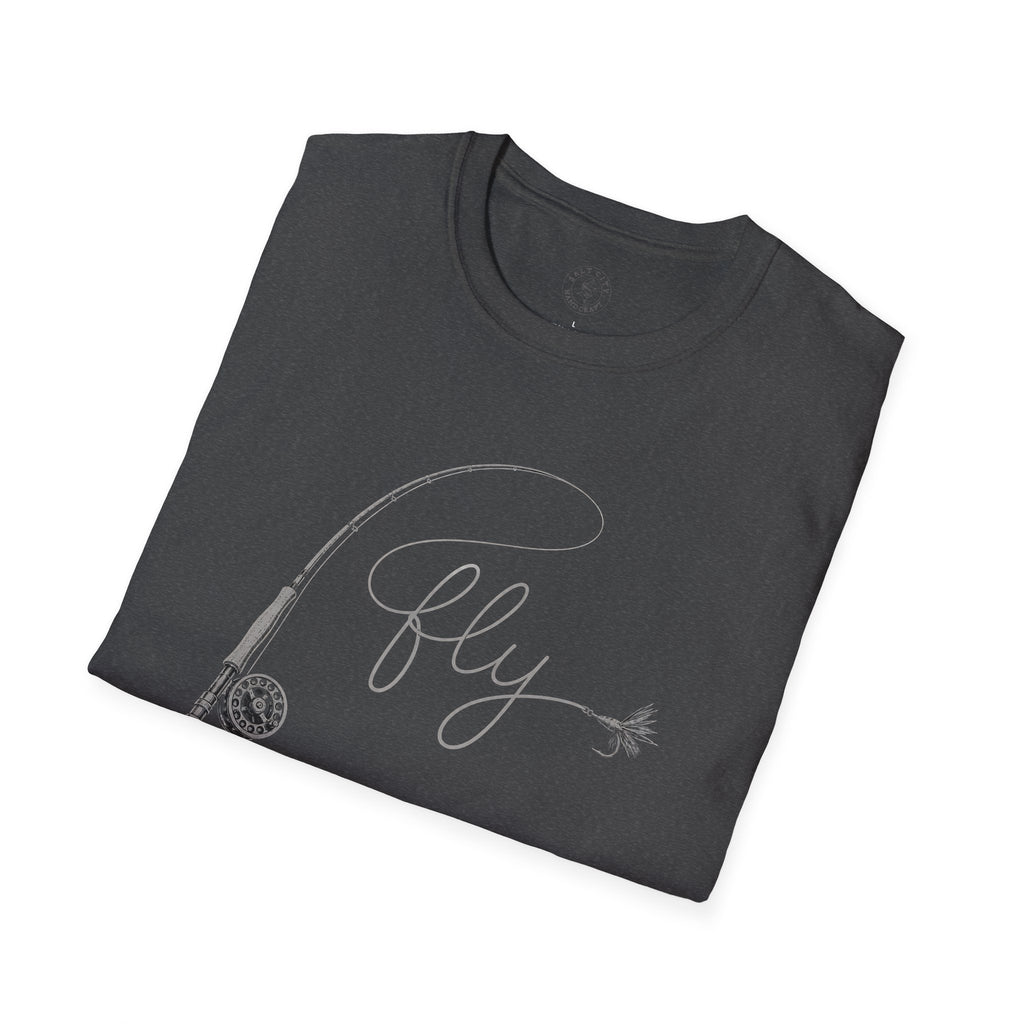 Fly Fishing T-Shirt — Minimal Fly & Rod Illustration