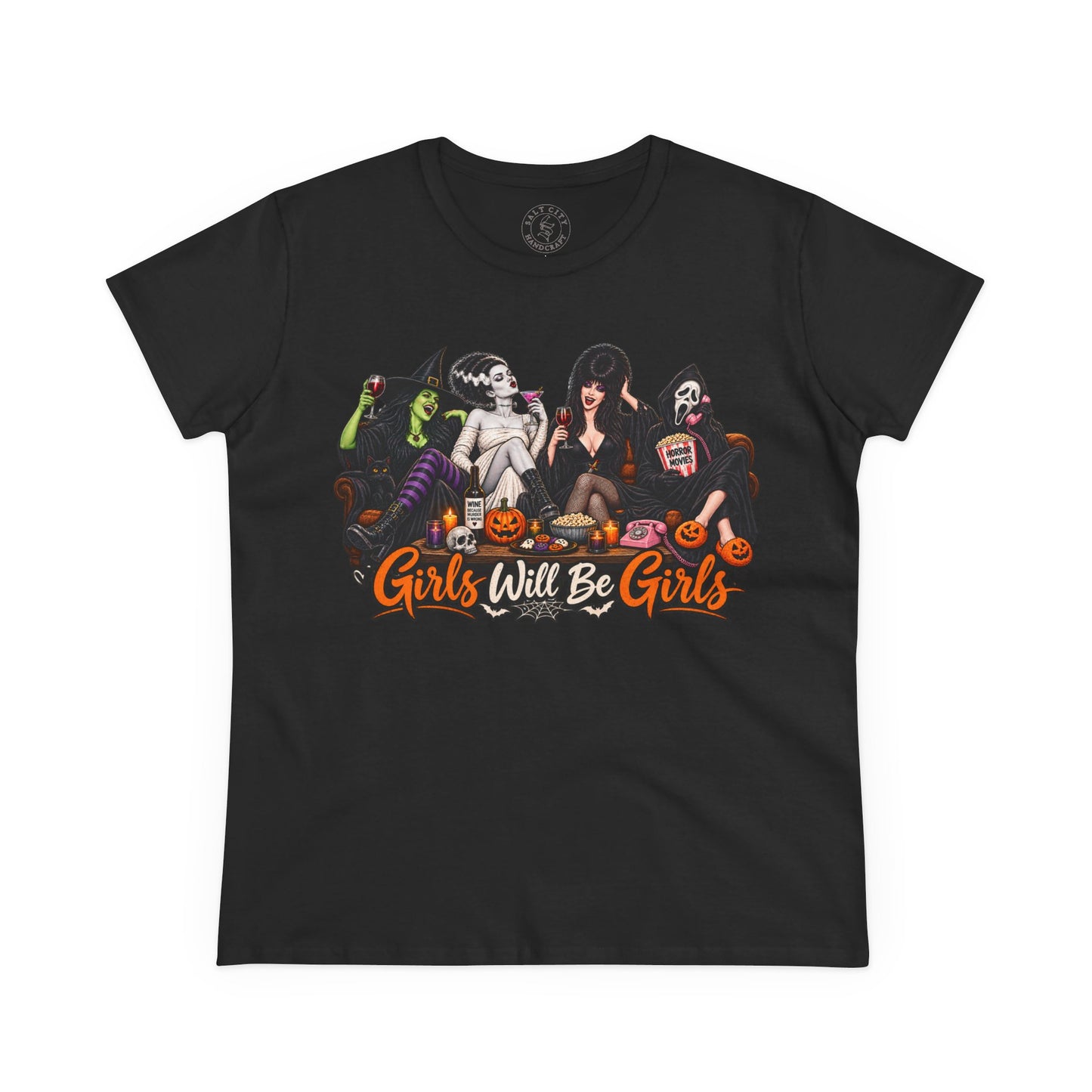 Girls Will Be Girls Halloween Graphic Tee — Retro Horror Shirt for Women