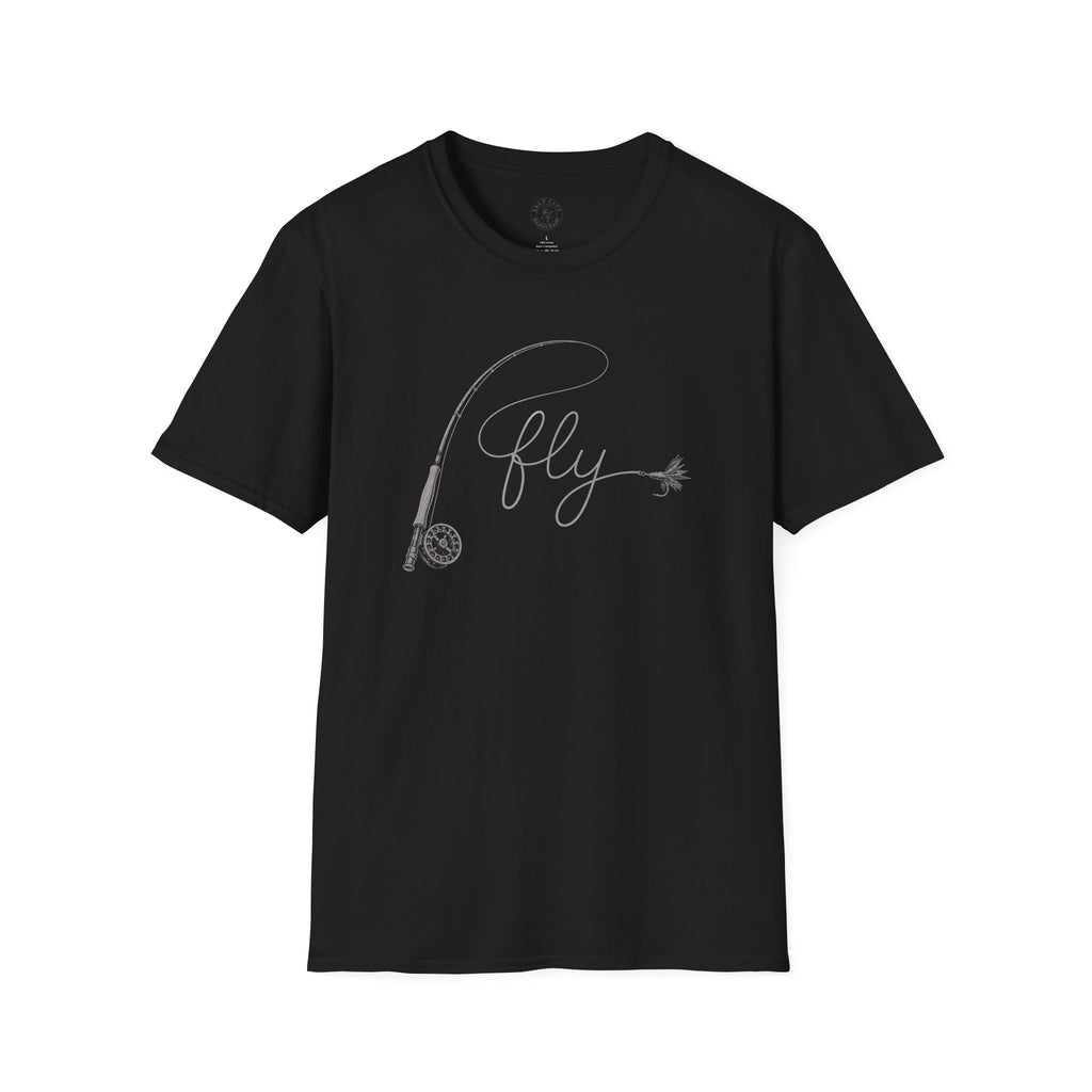 Fly Fishing T-Shirt — Minimal Fly & Rod Illustration