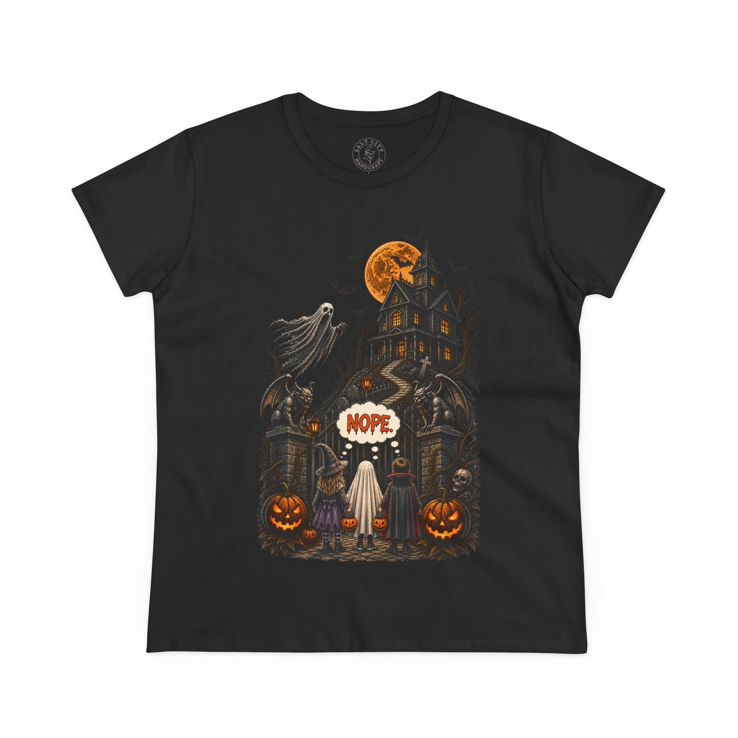 Halloween Haunted House Tee — Cute 'Nope' Trick-or-Treat Ghosts & Pumpkins Women's T‑Shirt