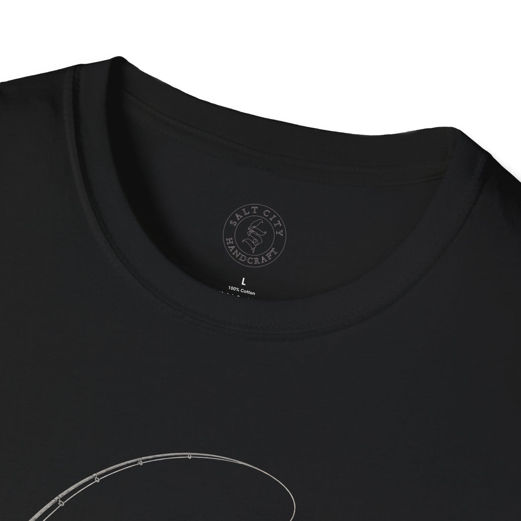 Fly Fishing T-Shirt — Minimal Fly & Rod Illustration