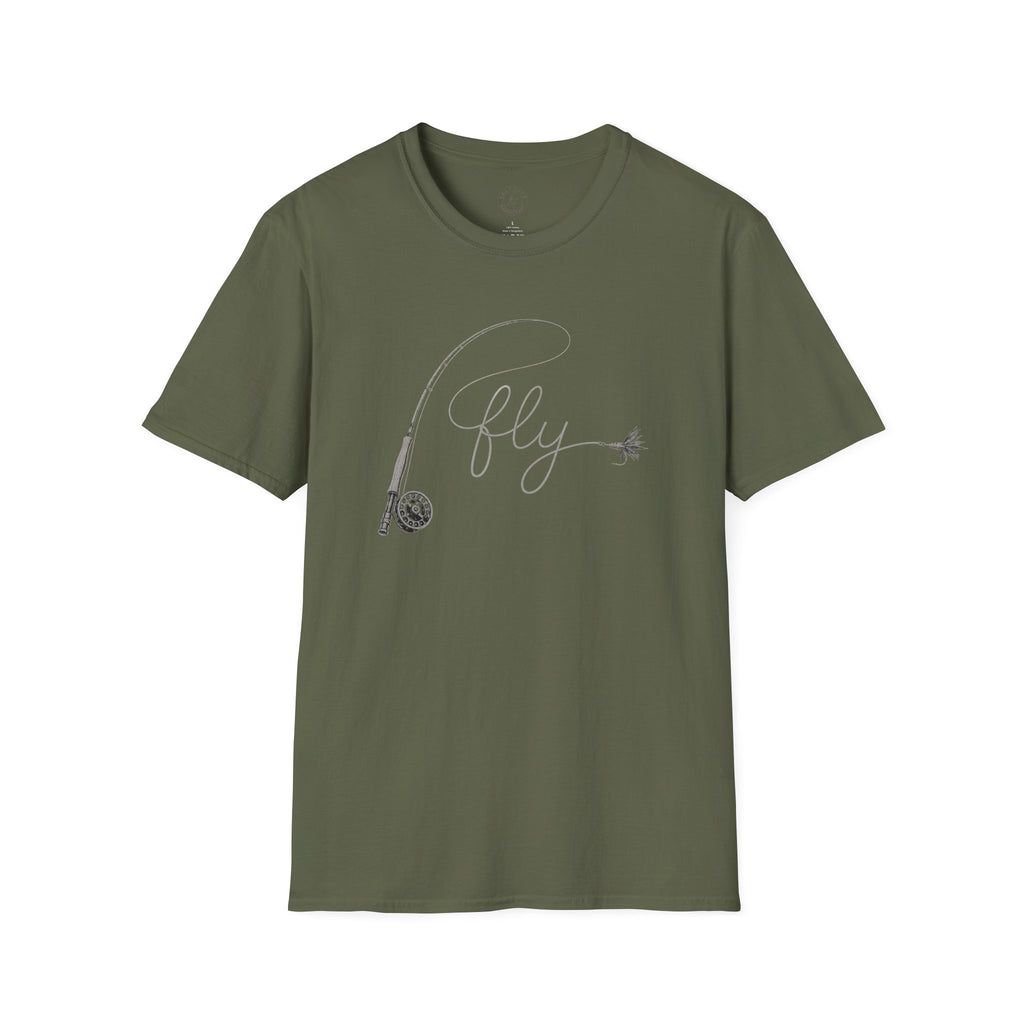 Fly Fishing T-Shirt — Minimal Fly & Rod Illustration