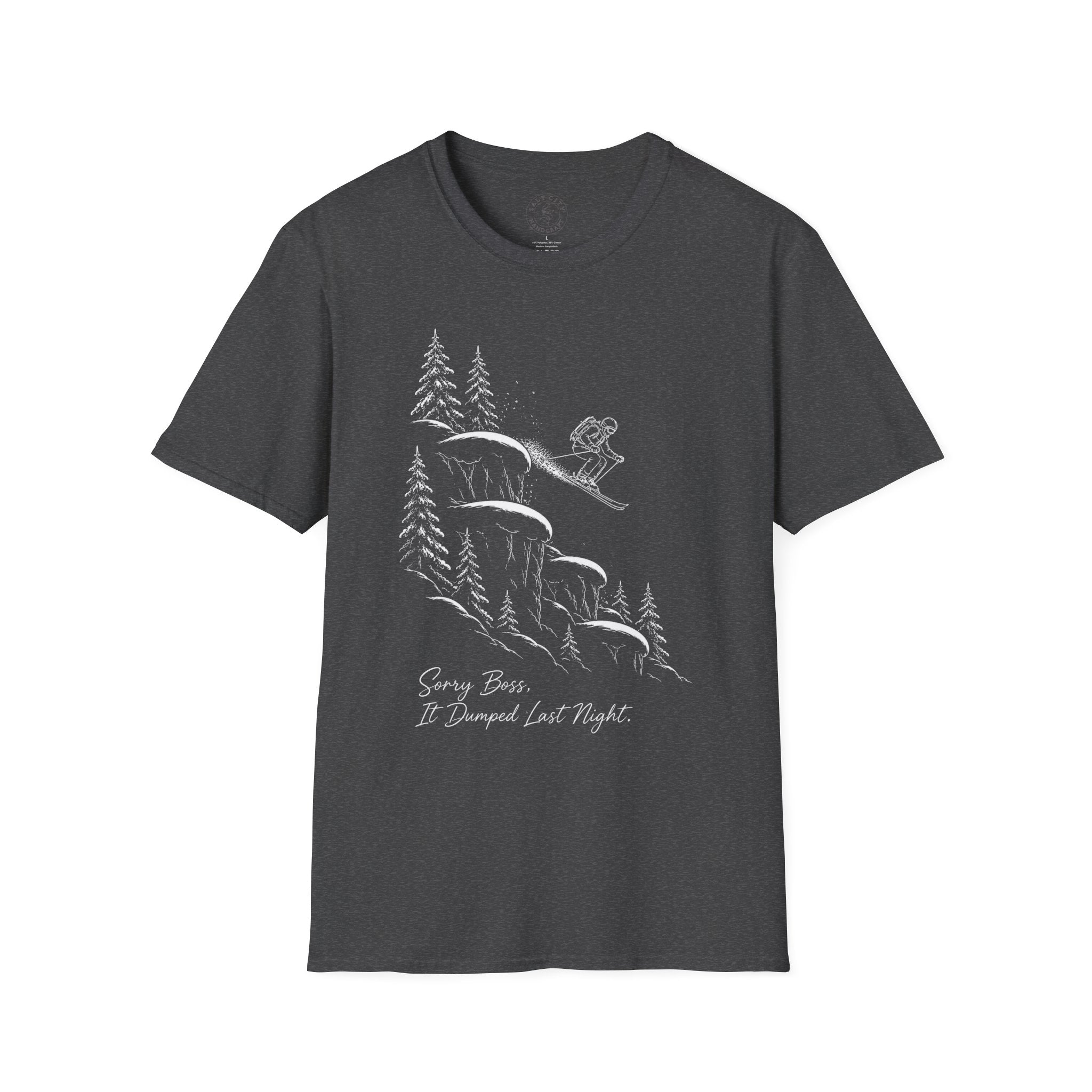 Skiing Cliffside T-Shirt — "Sorry Boss, It Dumped Last Night" Ski Adventure Shirt