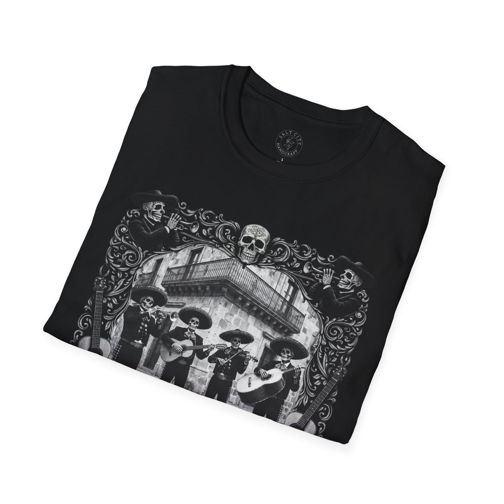 Skeleton Mariachi Band Tee | Ornate Gothic Style Framing | Unisex Softstyle T-Shirt