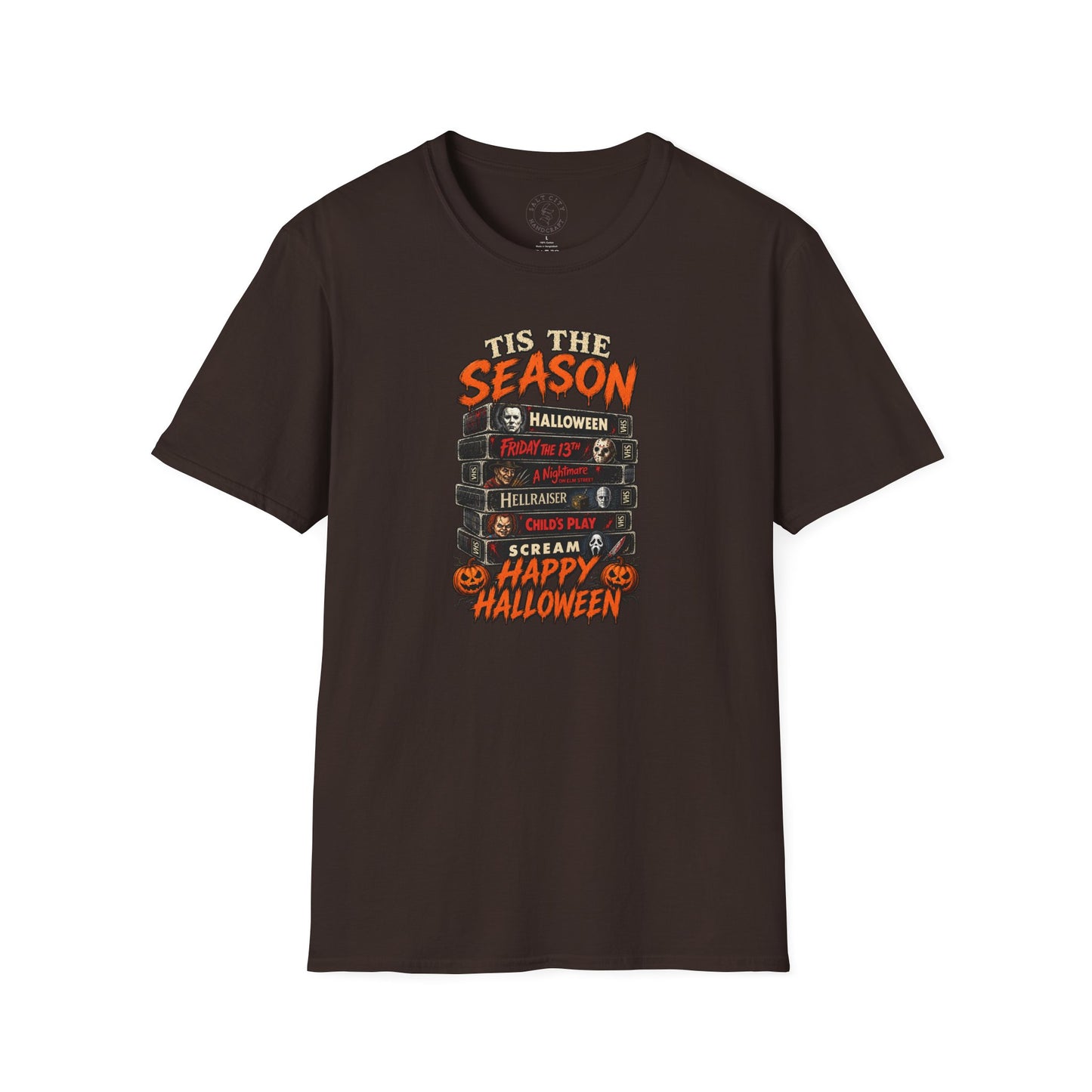 Halloween Horror Stack T‑Shirt — “’Tis The Season” Classic Horror VHS Design