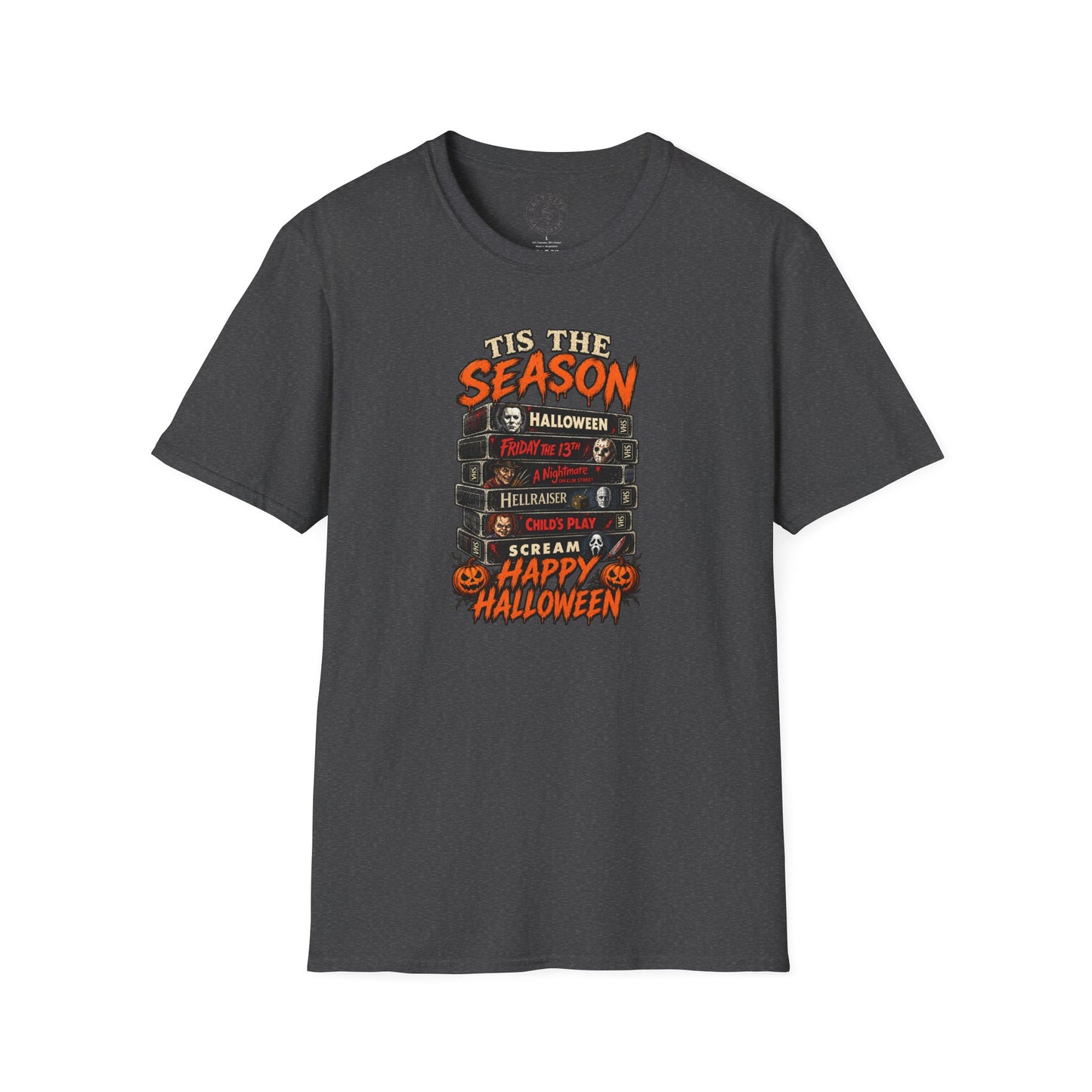 Halloween Horror Stack T‑Shirt — “’Tis The Season” Classic Horror VHS Design