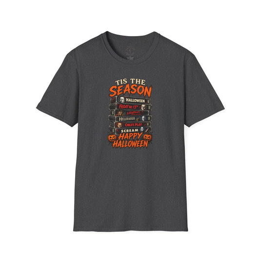 Halloween Horror Stack T‑Shirt — “’Tis The Season” Classic Horror VHS Design
