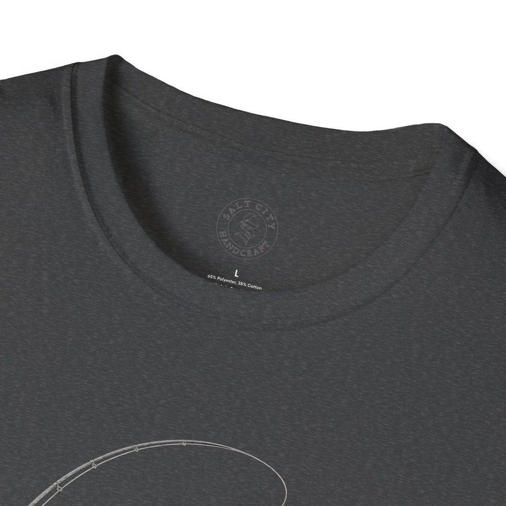 Fly Fishing T-Shirt — Minimal Fly & Rod Illustration
