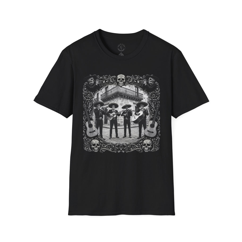 Skeleton Mariachi Band Tee | Ornate Gothic Style Framing | Unisex Softstyle T-Shirt
