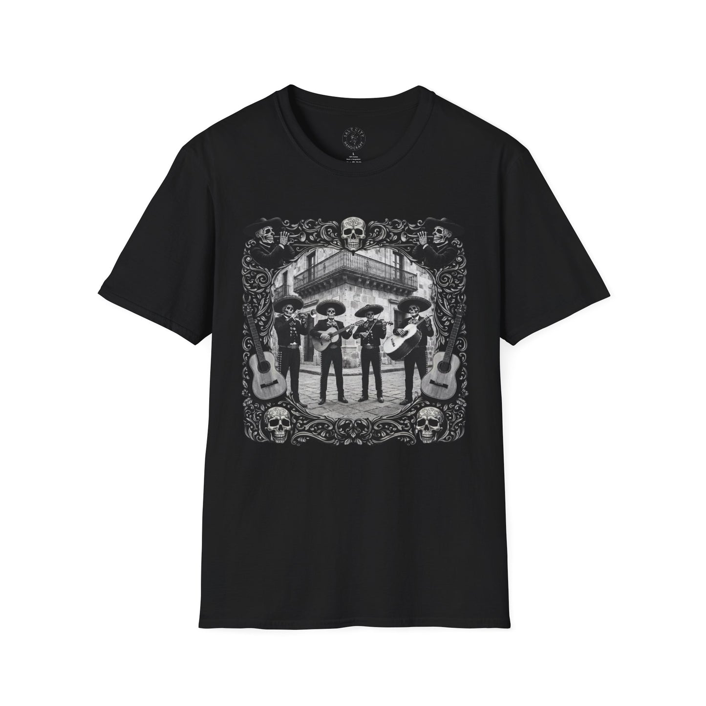 Skeleton Mariachi Band Tee | Ornate Gothic Style Framing | Unisex Softstyle T-Shirt