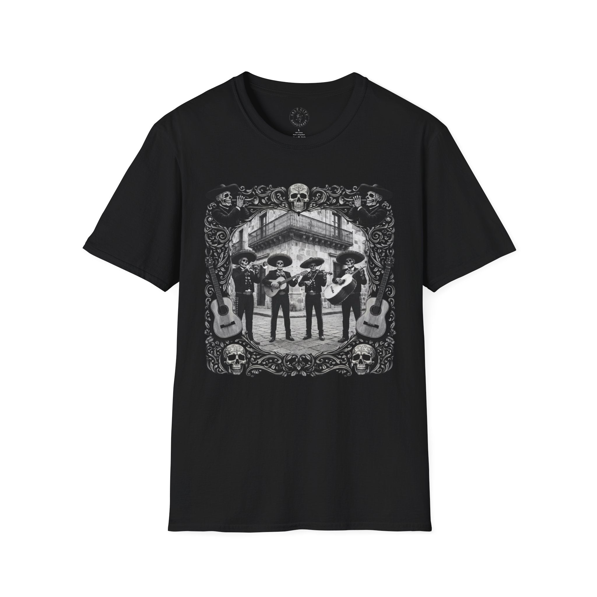 Skeleton Mariachi Band Tee | Ornate Gothic Style Framing | Unisex Softstyle T-Shirt