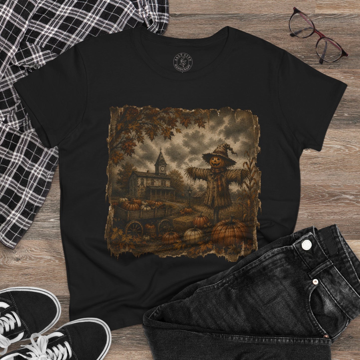 Women's Halloween Pumpkin Patch Tee - Haunted Patch Autumn Graphic Shirt - Faded Design
