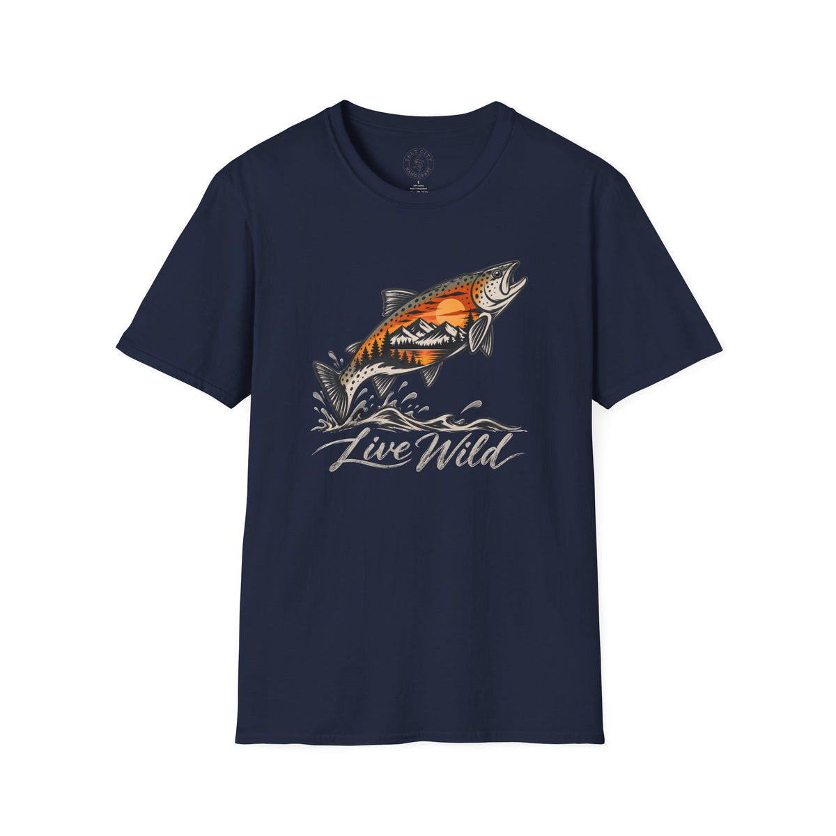 Fishing Salmon T-Shirt — 'Live Wild' Mountain Sunset Fish Tee