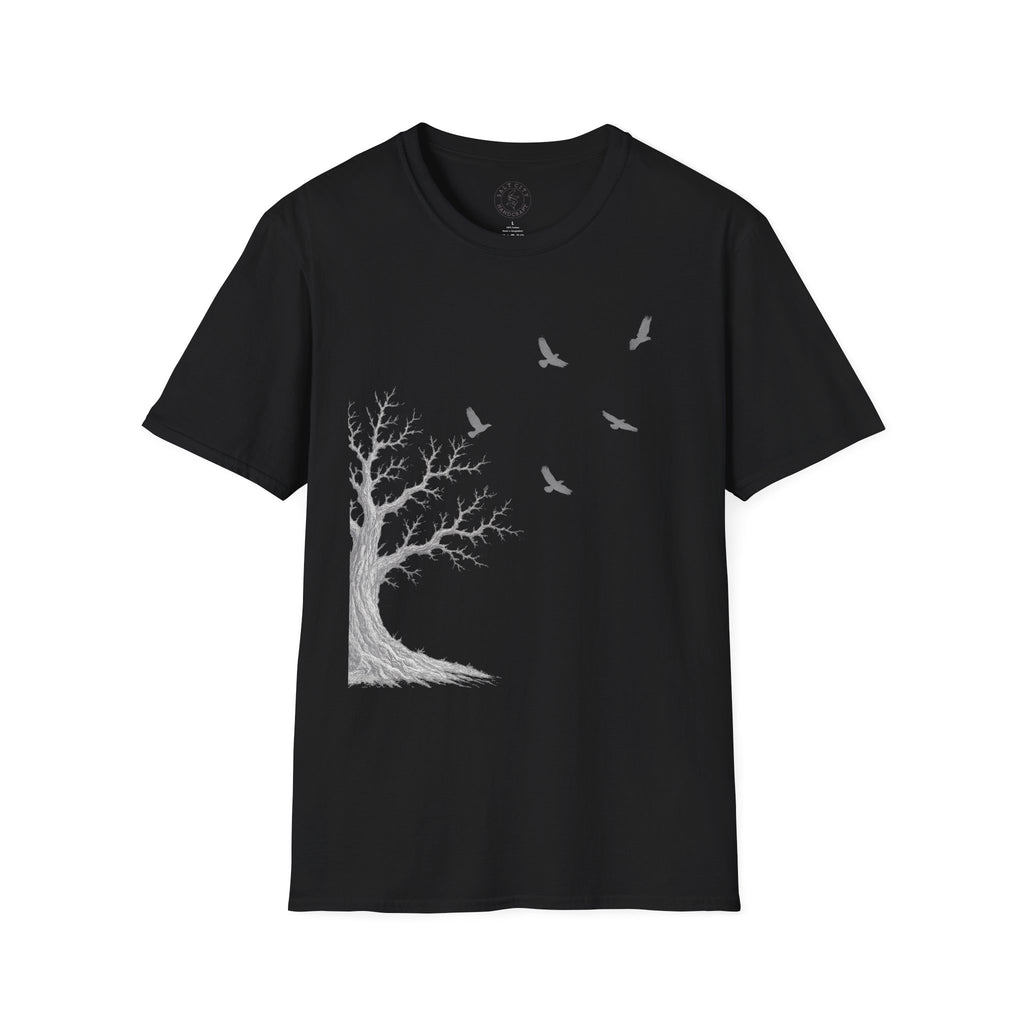 Ravens in Flight Tree T‑Shirt — Minimal Nature Graphic Tee