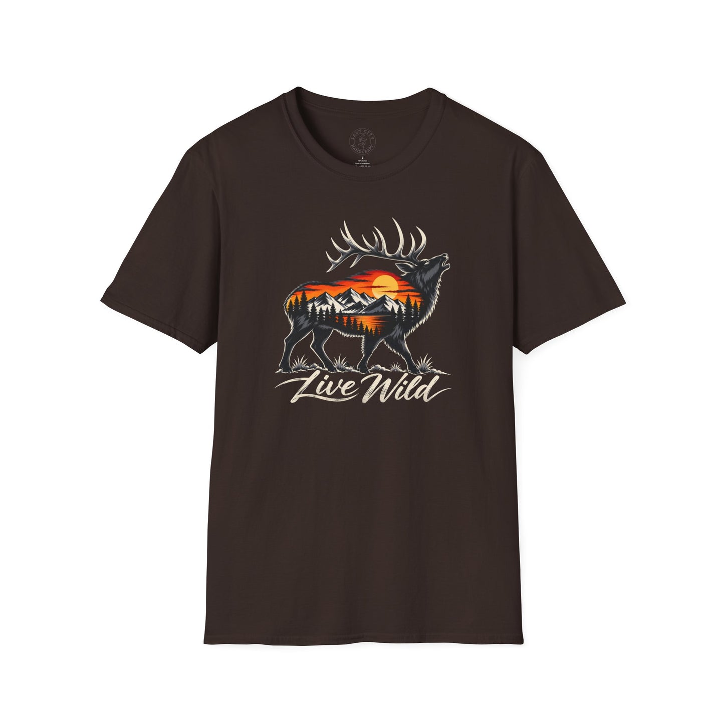 Elk Sunset T-Shirt — “Live Wild” Mountain Nature Graphic Tee