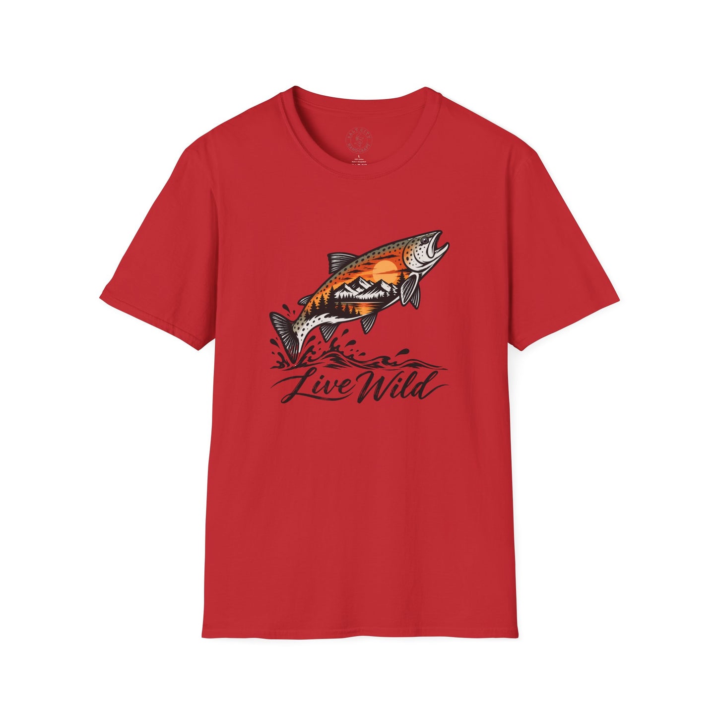 Fishing Salmon T-Shirt — 'Live Wild' Mountain Sunset Fish Tee
