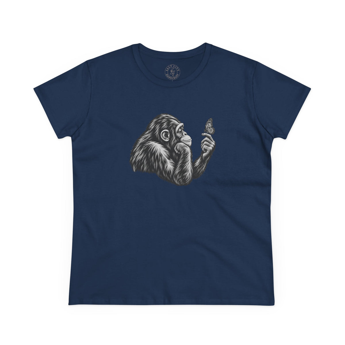 Chimpanzee & Butterfly Women's Tee — Nature-Inspired Graphic Shirt