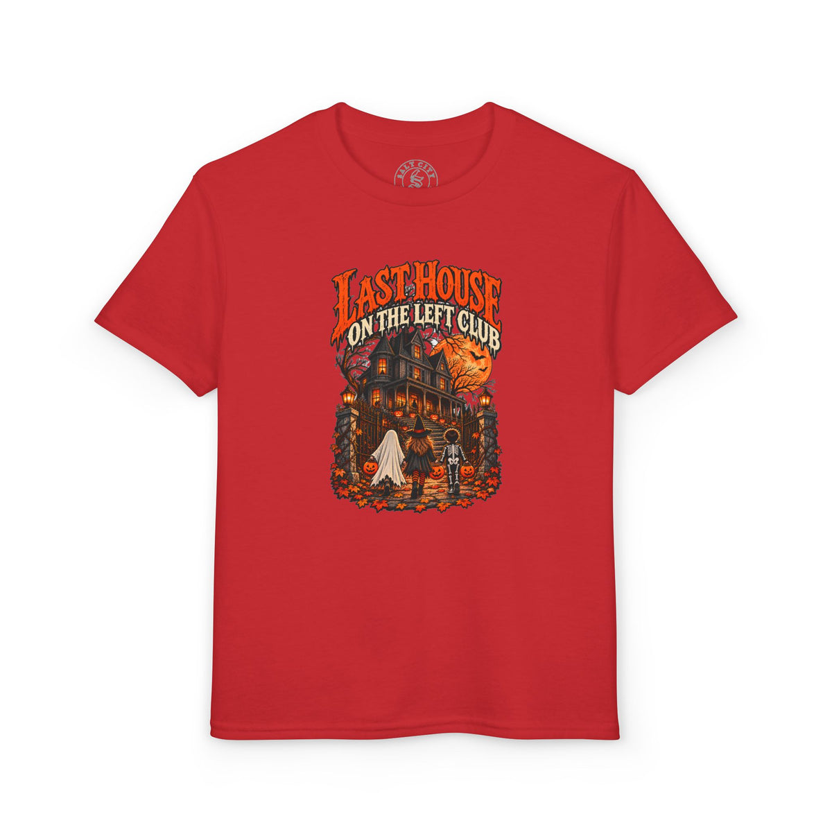 Youth T-Shirt — "Last House on the Left Club" Halloween Haunted House Graphic
