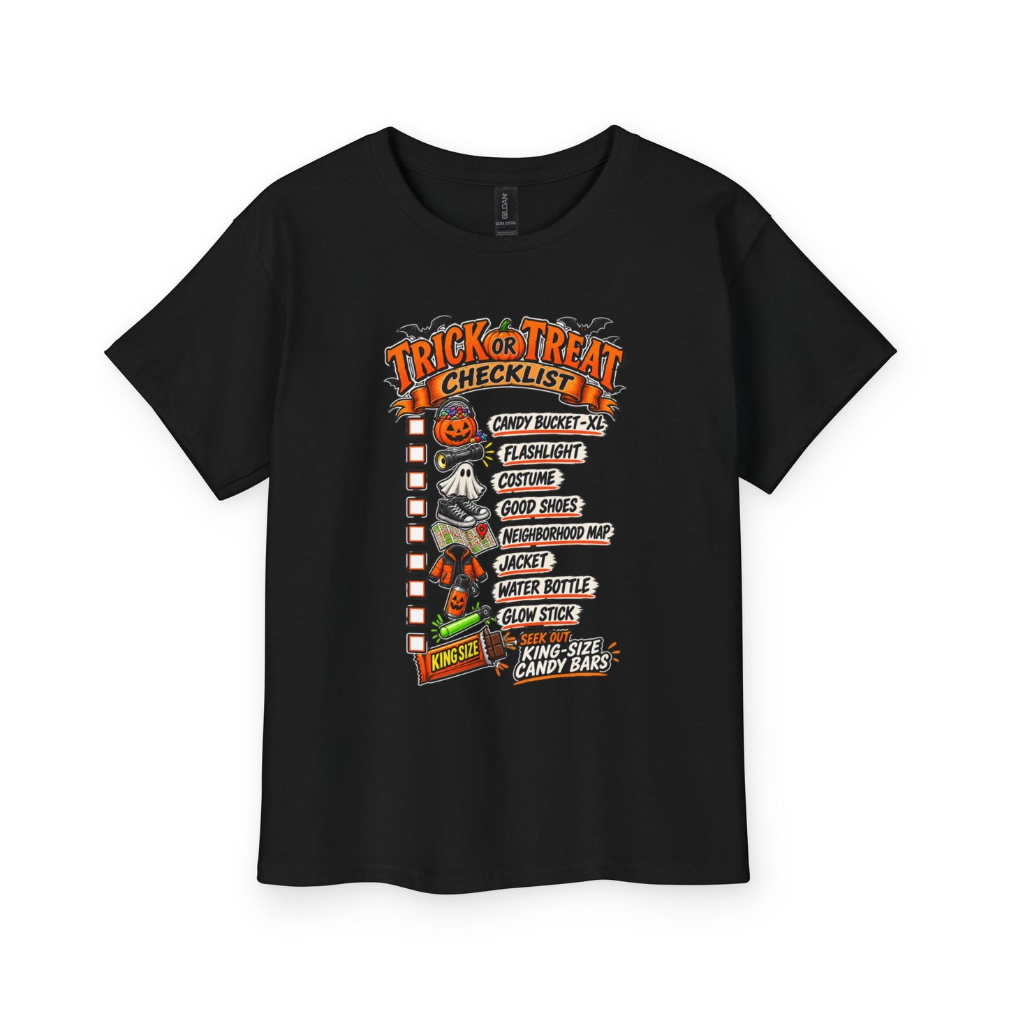 Youth Tee — 'Trick or Treat Checklist' Halloween Candy Costume Graphic