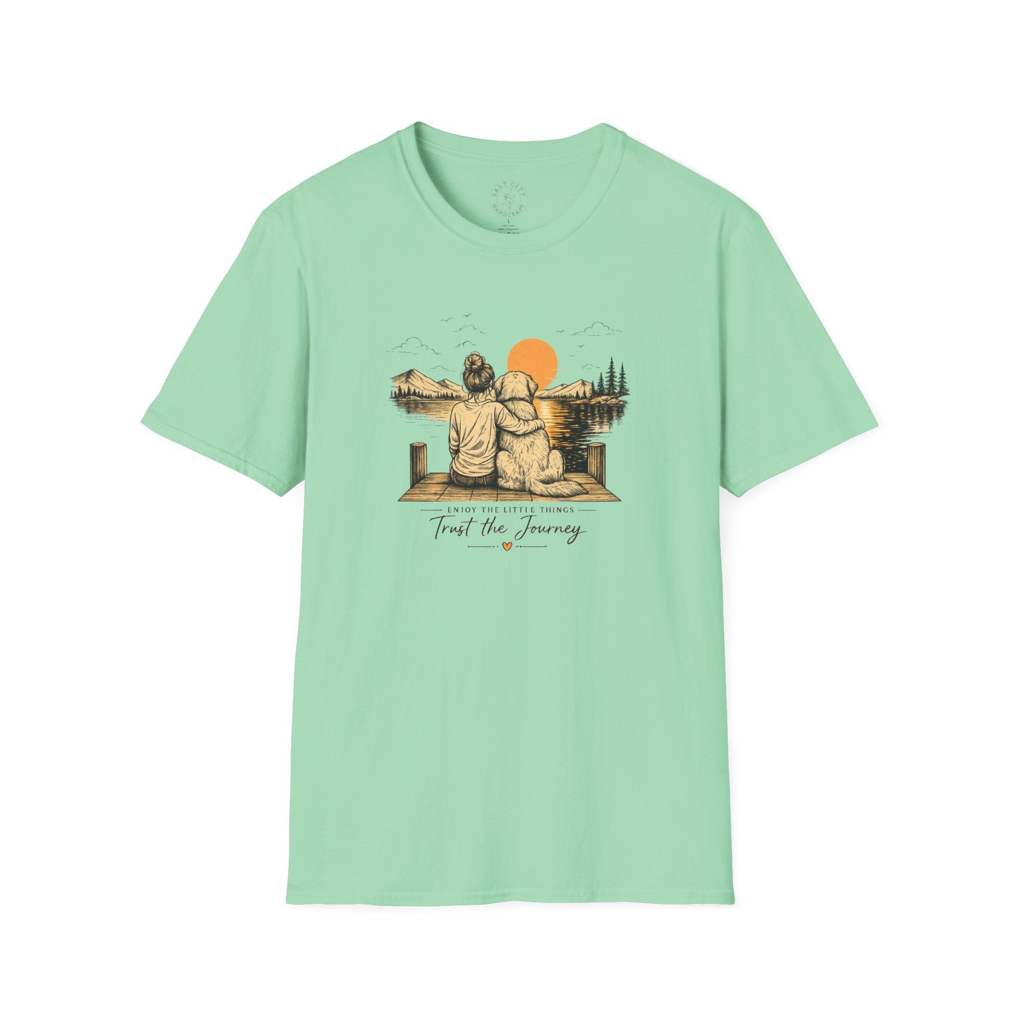 Unisex Girl and Dog T-Shirt — 'Trust the Journey' Dog & Girl Lakeside Sunset Tee
