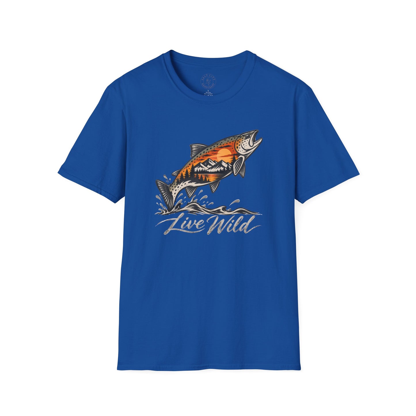 Fishing Salmon T-Shirt — 'Live Wild' Mountain Sunset Fish Tee