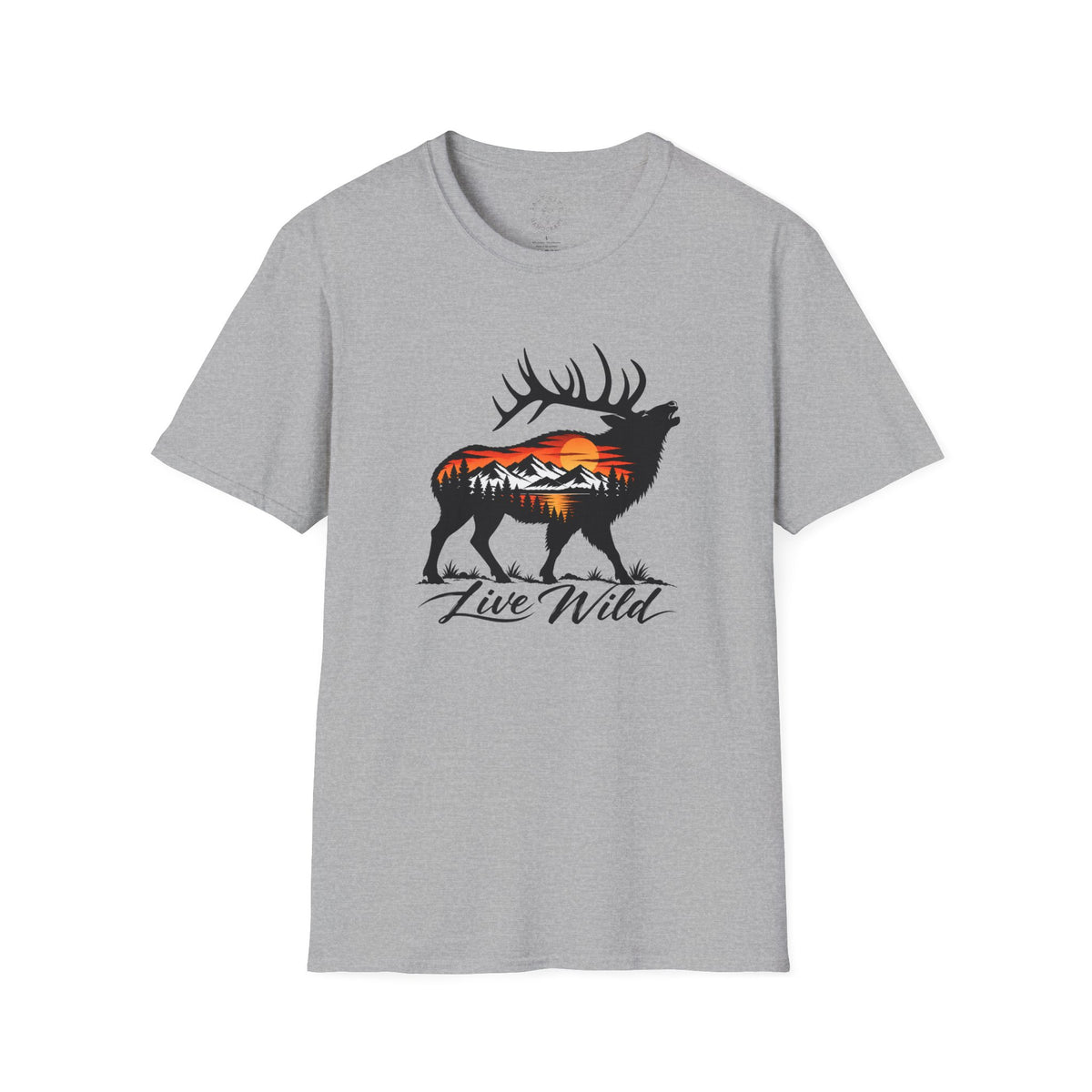 Elk Sunset T-Shirt — “Live Wild” Mountain Nature Graphic Tee