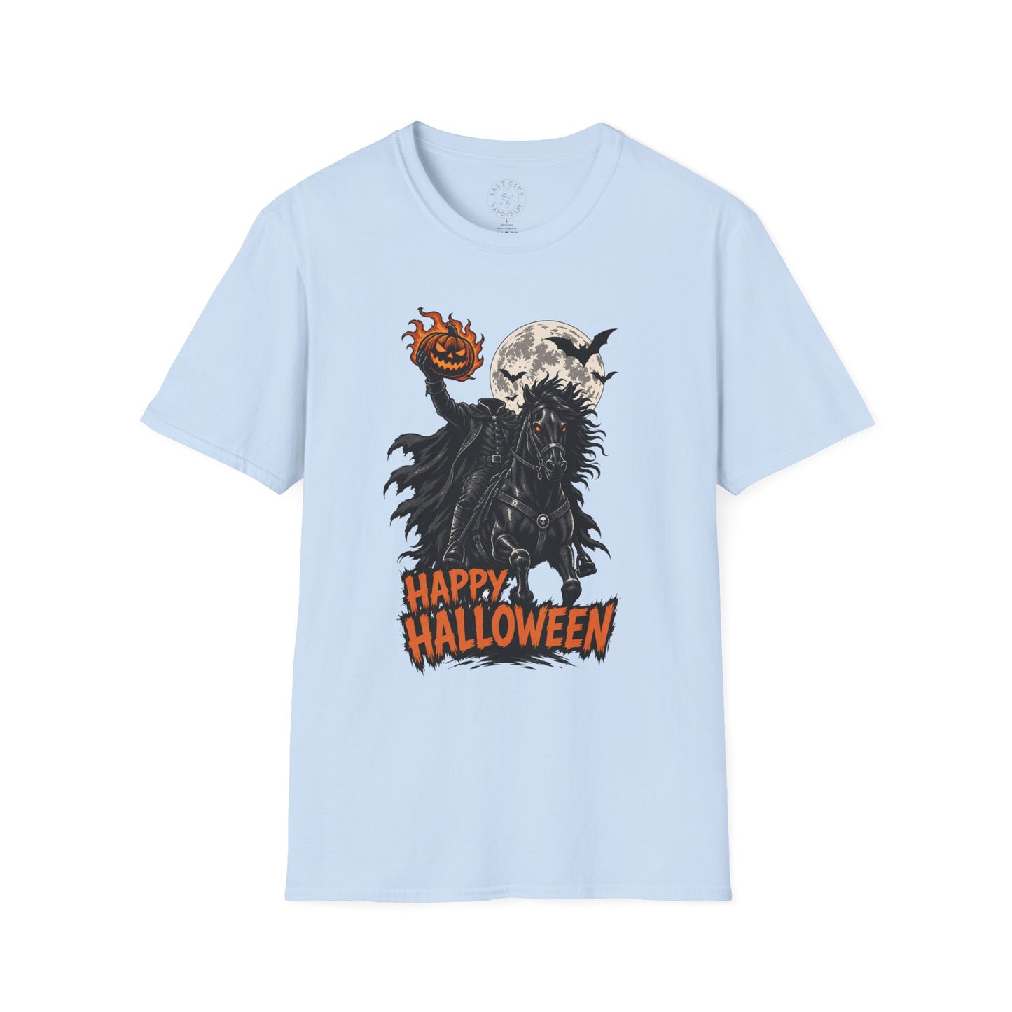 Happy Halloween Headless Horseman T‑Shirt — Pumpkin Head, Full Moon Gothic Tee