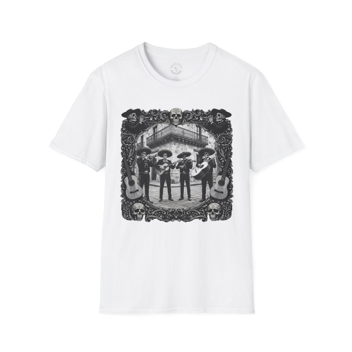 Skeleton Mariachi Band Tee | Ornate Gothic Style Framing | Unisex Softstyle T-Shirt