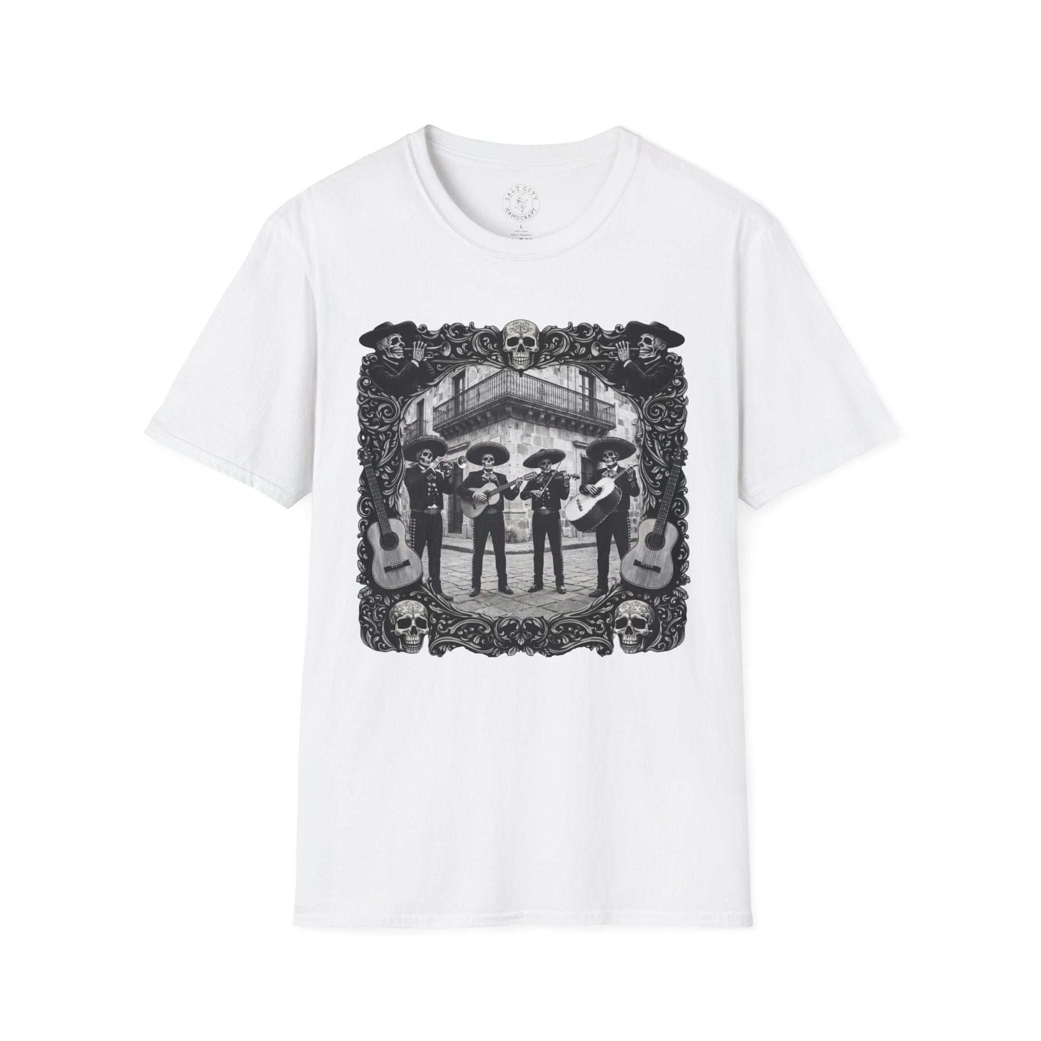 Skeleton Mariachi Band Tee | Ornate Gothic Style Framing | Unisex Softstyle T-Shirt