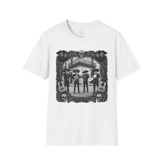 Skeleton Mariachi Band Tee | Ornate Gothic Style Framing | Unisex Softstyle T-Shirt