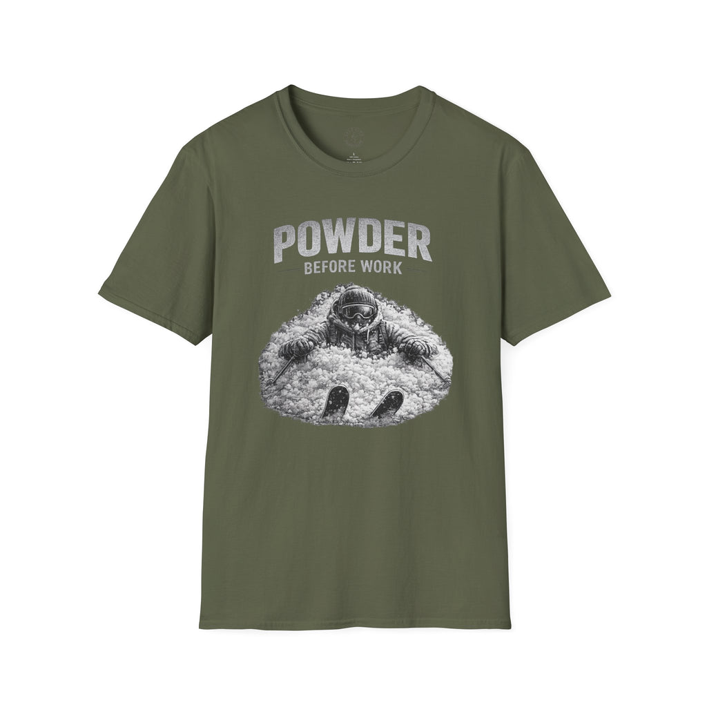 Powder Before Work T-Shirt — Ski & Snowboard Powder Lover Tee