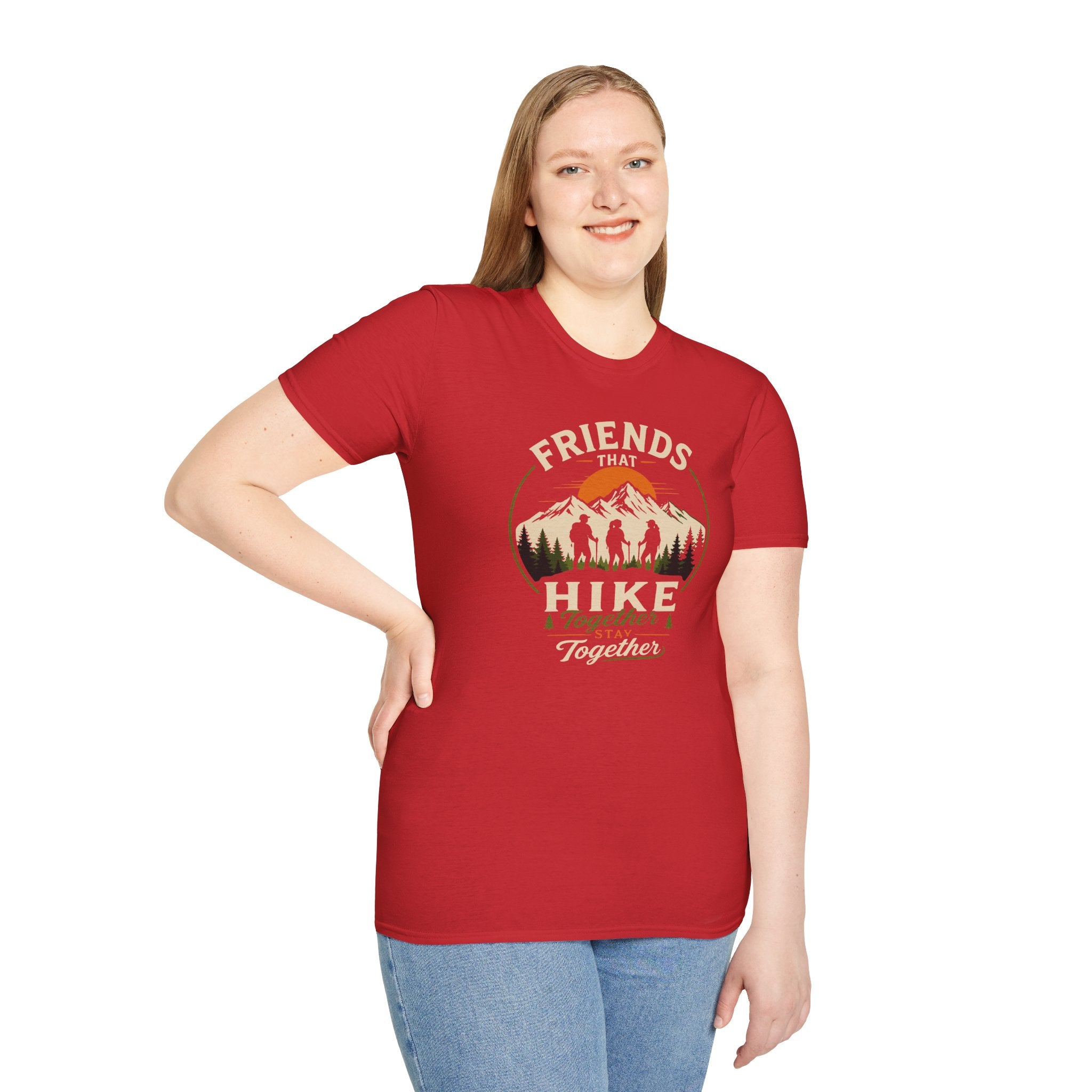Hiking T-Shirt — "Friends That Hike Together" Retro Mountain Crew Tee