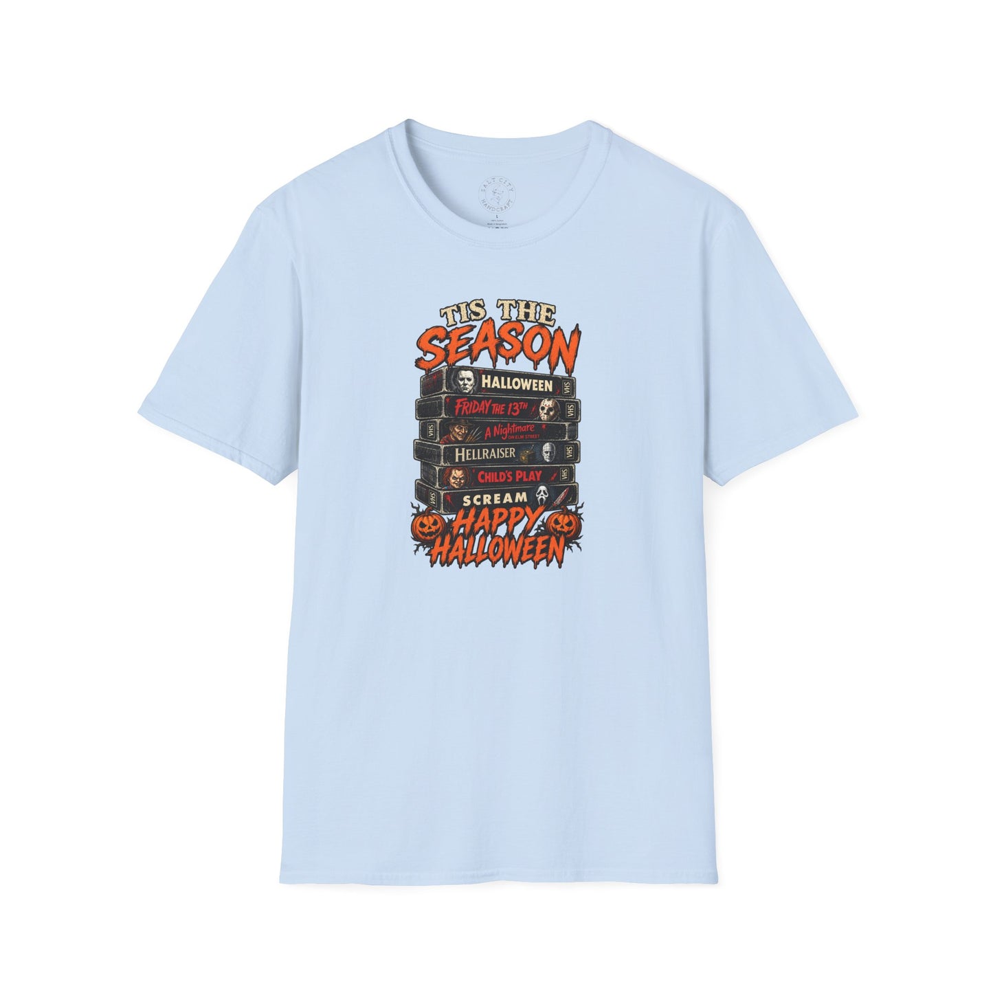 Halloween Horror Stack T‑Shirt — “’Tis The Season” Classic Horror VHS Design